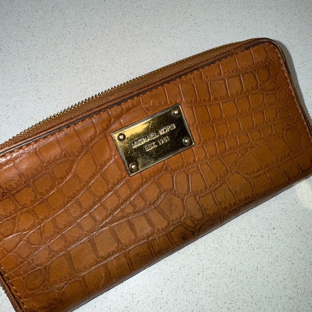Michael Kors Tan Crocodile Embossed Clutch